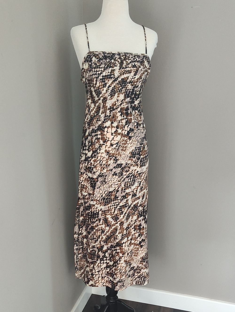 Anthropologie Snake-Print Maxi Spaghetti Strap Gathered Dress in Brown and Black